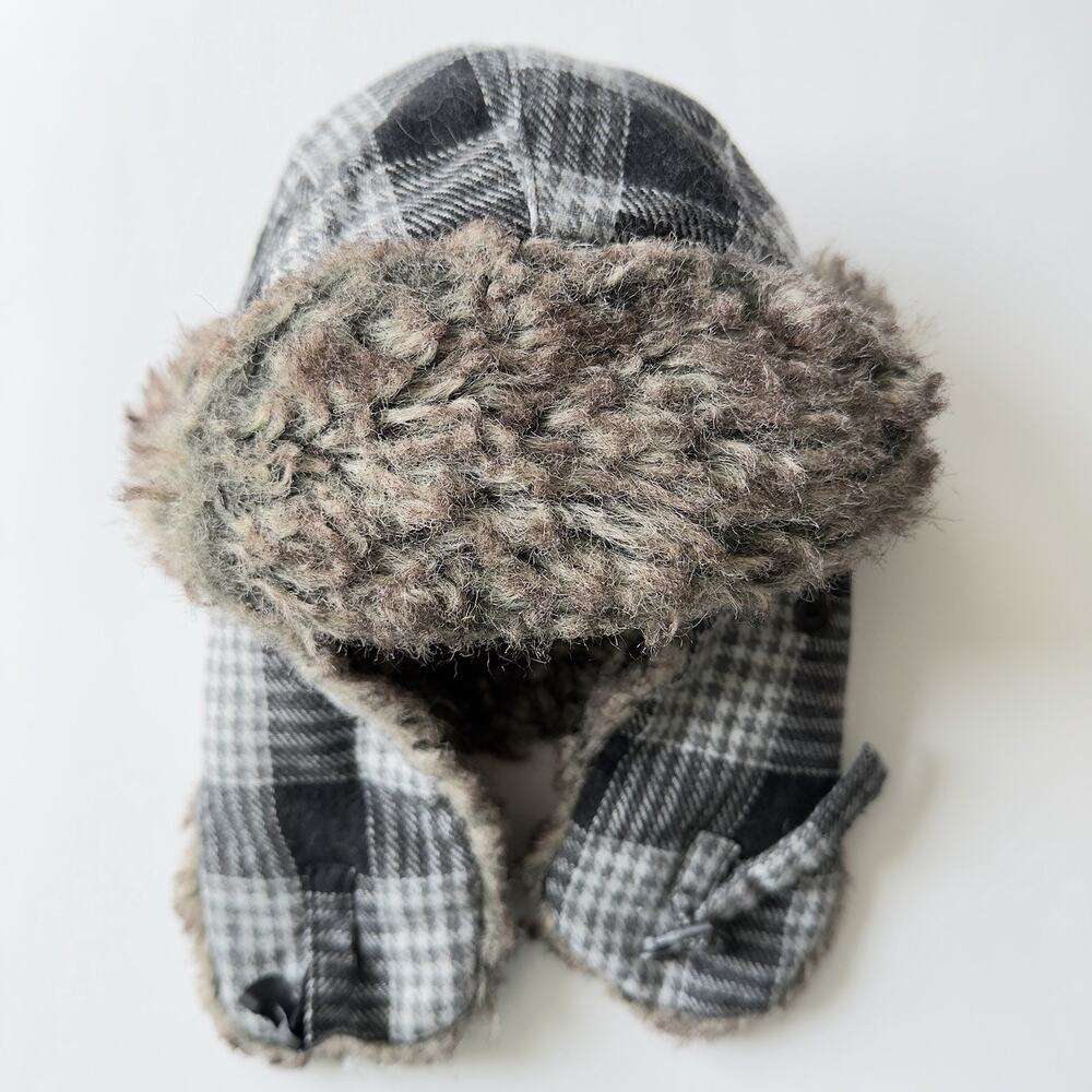 Gray and Black Plaid Winter Fur Trapper Hat - One Size